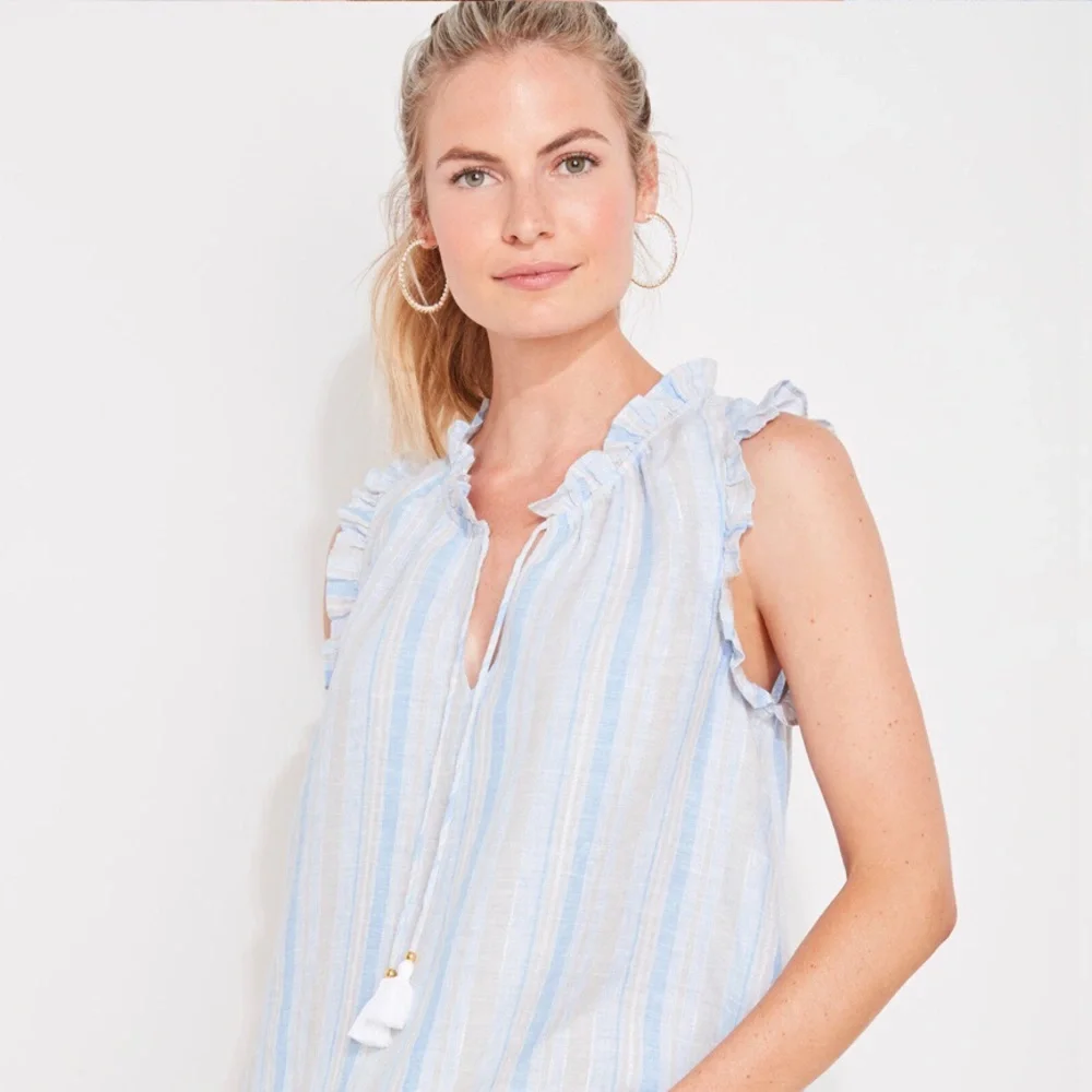Vineyard Vines Shine Stripe Ruffle Popover Top Linen NWT Retail $98 - Picture 1 of 4
